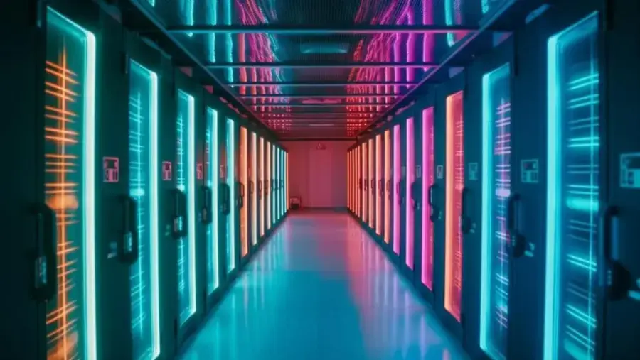 datacenter inside with colourful lights